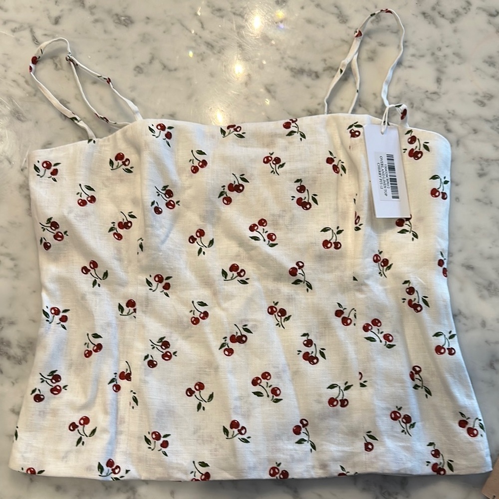 Reformation Linen White Cherry Print Camisole